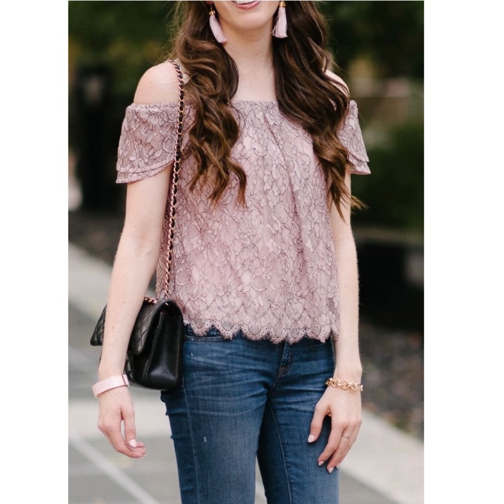 Rebecca Minkoff Blush Lace Off-the-Shoulder Scalloped Hem Blouse Top Size XS